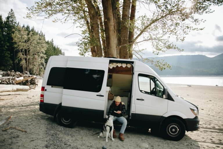 Man and husky dog relaxing by a campervan on a scenic lakeside with trees.